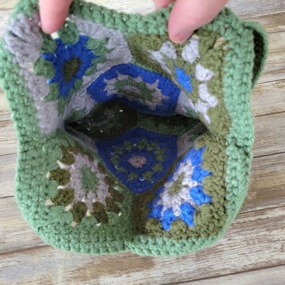 Handmade Crochet Granny Square Hexagon Boho Shoulder Bag Tote Green Blue Gray - Picture 4 of 8